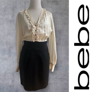 NWT Bebe Silk Ruffled Cream  and Black Wool Dress, Size S, MSRP $129